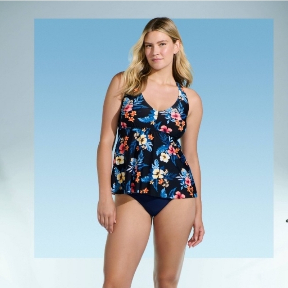 Lands end Women's Flutter Halter Tankini Top Black UPF 50+ Removable Cups Botani
